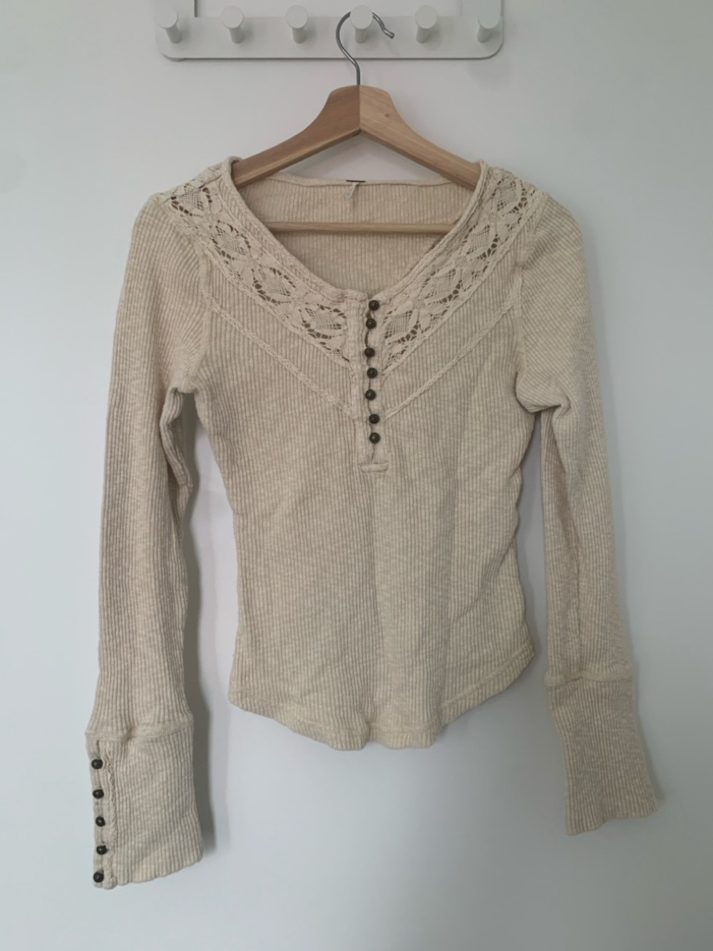 Free  People Cream Lace-Trim Henley Long Sleeve Top
